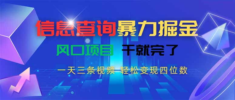 信息查询暴力掘金，一天三条视频 轻松变现四位数，风口项目干就完了-资源V站