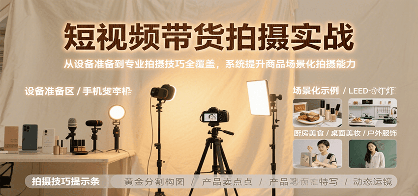 短视频带货拍摄实战，从设备准备到专业拍摄技巧全覆盖，系统提升商品场景化拍摄能力-资源V站