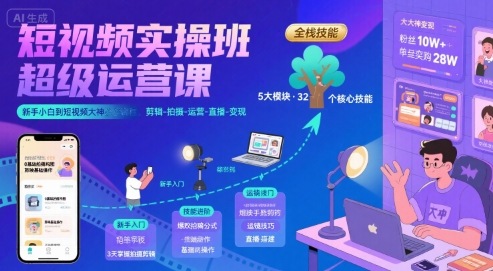 短视频实操班超级运营课，新手小白到短视频大神必修课程，剪辑-拍摄-运营-直播-变现-资源V站