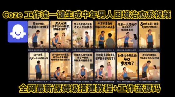coze工作流一键生成”中年男人困境扎心高涨粉高播放量图文视频”保姆级拆解教程，无需剪辑，无需拍摄写文案-资源V站