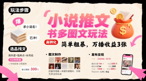 小说推文小红书多图文玩法，简单粗暴，万播收益3张-资源V站