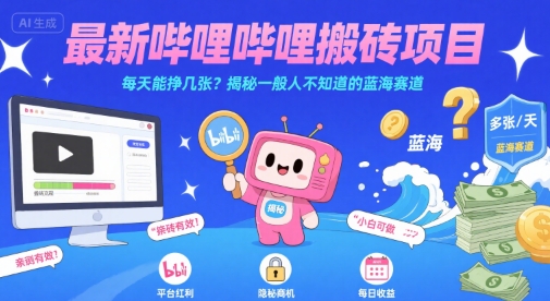 最新哔哩哔哩上B站搬砖项目，每天能挣几张？揭秘一般人不知道的蓝海赛道-资源V站