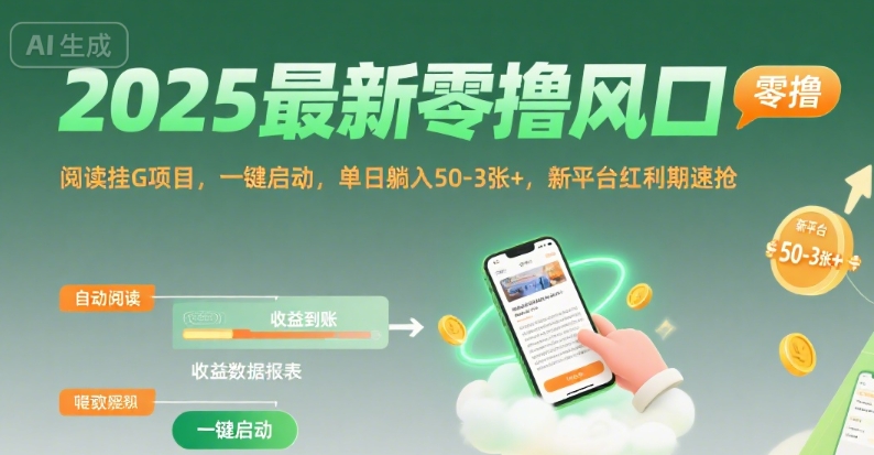 2025最新零撸风口，阅读挂G项目，一键启动，单日躺入 50-3张+，新平台红利期速抢【揭秘】-资源V站