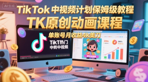 TikTok中视频计划保姆级教程，TK原创动画课程，单账号月收益4k美刀-资源V站