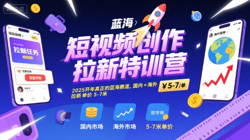 短视频创作拉新特训营，2025开年真正的蓝海赛道，国内+海外，拉新单价5-7米-资源V站