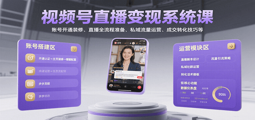 视频号直播变现系统课，账号开通装修、直播全流程准备、私域流量运营、成交转化技巧等-资源V站