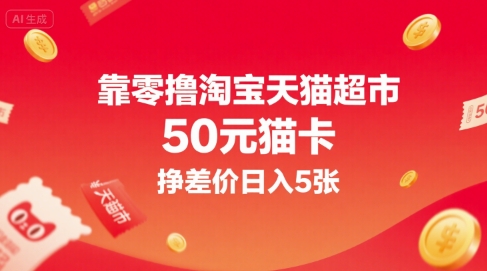 靠零撸淘宝天猫超市50元猫卡，挣差价日入5张-资源V站