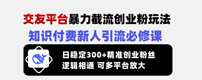 交友平台暴力截流创业粉玩法，知识付费新人引流必修课，日稳定300+精准创业粉丝，逻辑相通可多平台放大-资源V站