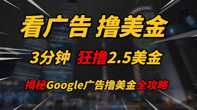 看广告，撸美金！！3分钟赚2.5美金！！日入200美金不是梦！揭秘Google…-资源V站