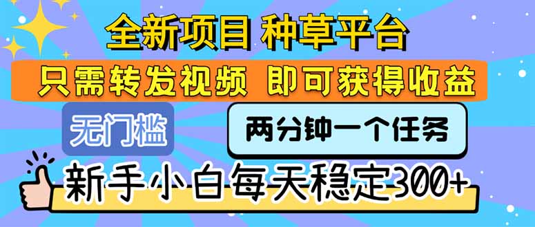 全新项目 种草平台 只需要转发任务视频 即可获得收益 新手小白每天300+-资源V站