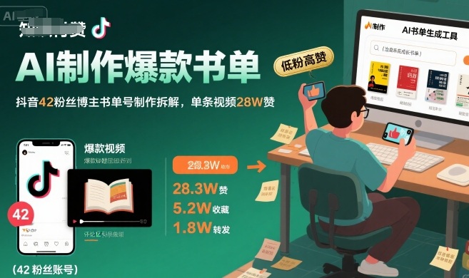 AI制作爆款书单，抖音42粉丝博主书单号制作拆解，单条视频28W赞-资源V站