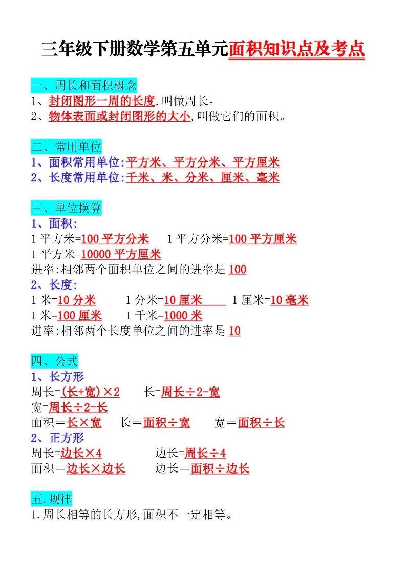 三下数学面积知识点与考点-资源V站