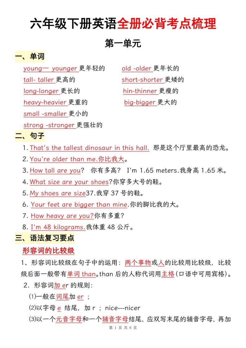 六下人教pep英语全册必背考点梳理-小哥网