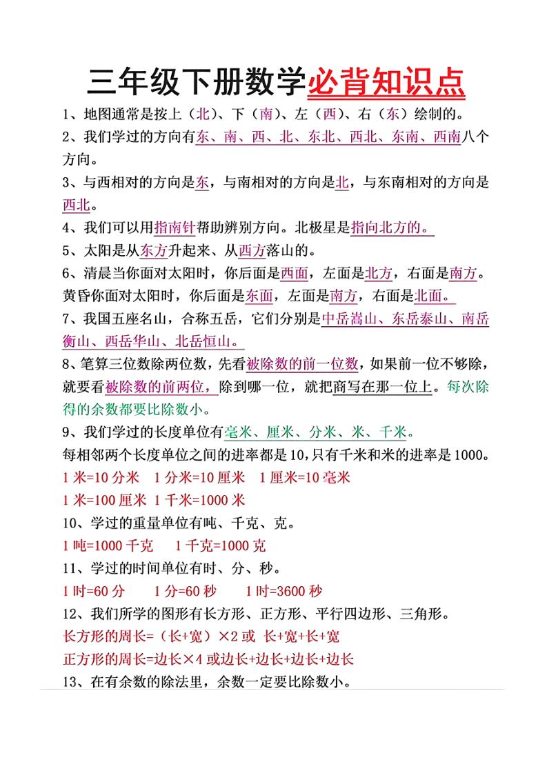 三年级下册数学必背重点知识-资源V站