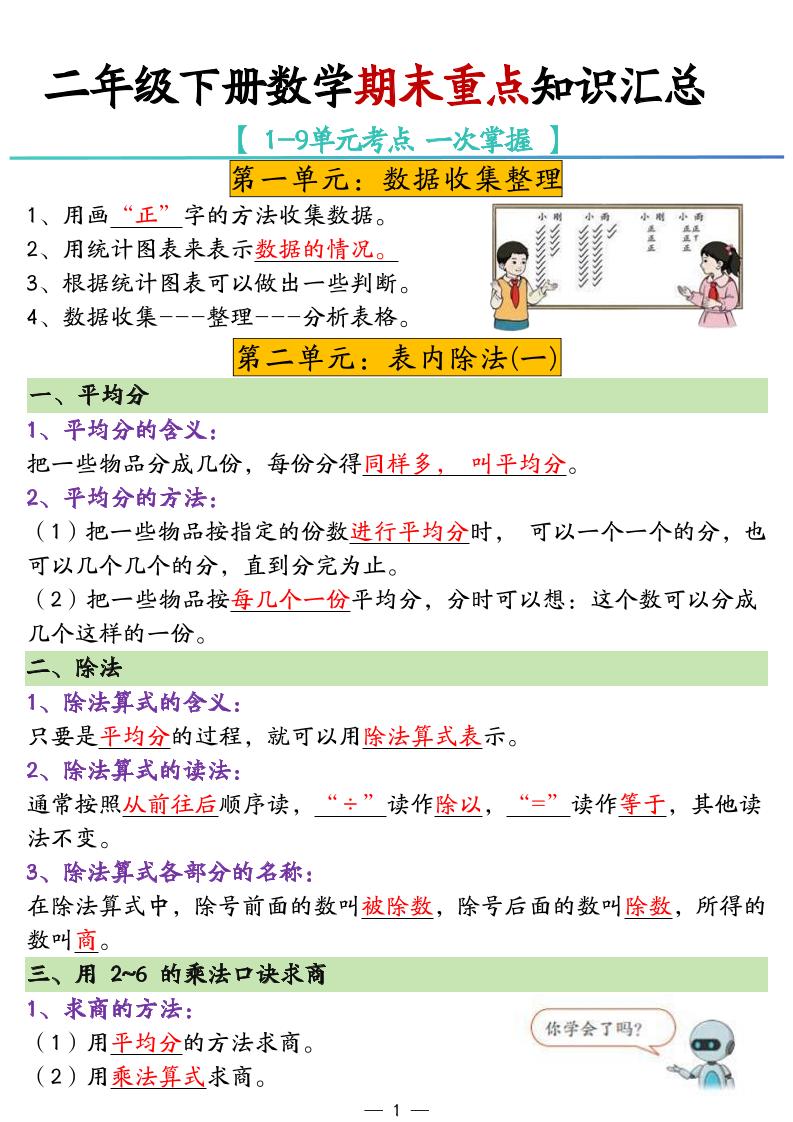 二年级下册数学期末重点知识汇总-资源V站