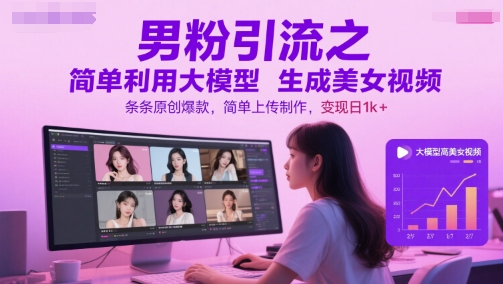 男粉引流之简单利用大模型生成美女视频，条条原创爆款，简单上传制作，变现日1k+-资源V站