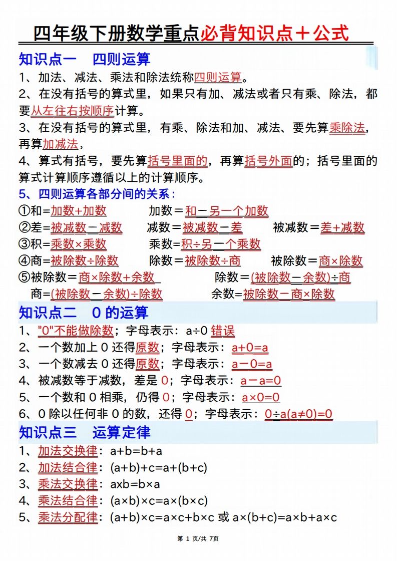 25年四年级下册数学重点必背知识点十公式-资源V站