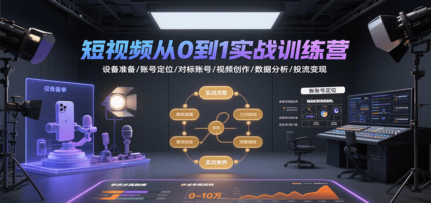 短视频从0到1实战训练营：设备准备/账号定位/对标账号/视频创作/数据分析/投流变现-资源V站