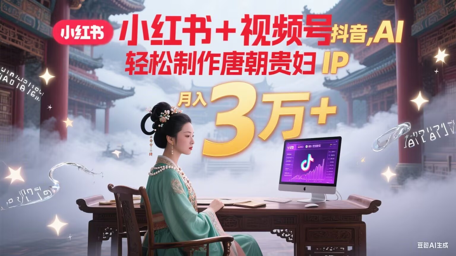 小红书+视频号+抖音，AI轻松制作唐朝贵妇IP，毒鸡汤、励志、减肥瘦身、养生赛道轻松切入，每天30分钟，轻松产出N条，月入3万+-资源V站