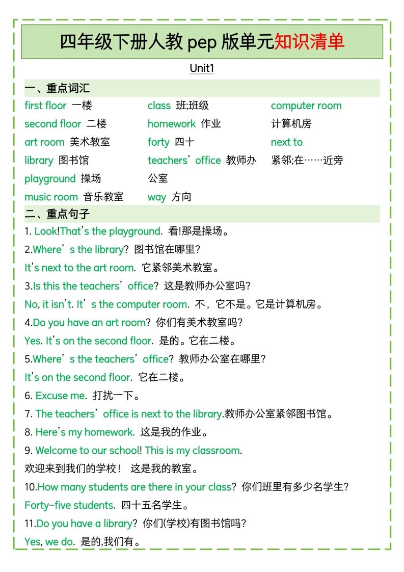 四下英语人教pep版单元知识清单-小哥网