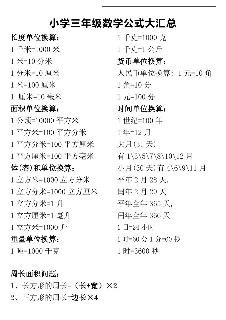 三年级下册数学公式大汇总-资源V站
