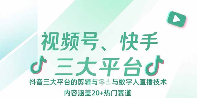 视频号、快手、抖音三大平台的剪辑与数字人直播技术，内容涵盖20+热门赛道-资源V站